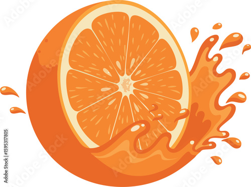 Orange fruit half with fresh juicy splash vector illustration for healthy vitamin drink design