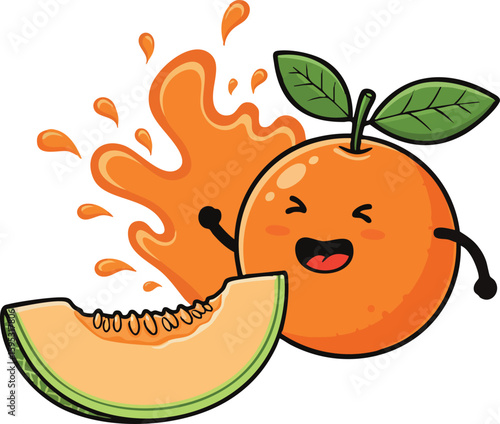 Happy orange fruit character splashing juice next to melon slice cartoon vector illustration