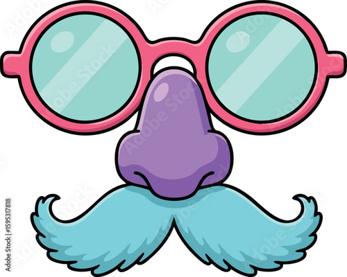 Funny novelty disguise glasses with purple nose blue mustache and pink frame vector illustration