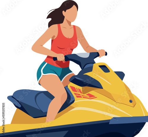 Woman riding yellow jet ski in sporty red top and blue shorts enjoying water sports activity vector illustration