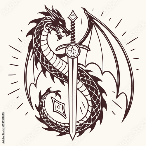 Dragon coiled around a sword with glowing runes vertical fantasy illustration centered full-back t-shirt design heraldic lion vector illustration
