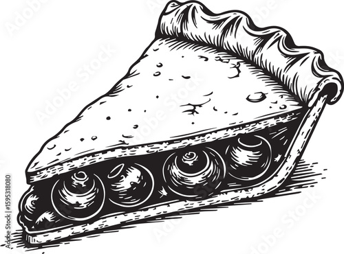 Berry Delight Pie Slice: A detailed, monochrome illustration showcases a delectable slice of pie, revealing a rich filling of ripe berries nestled within a flaky crust, a tempting treat.