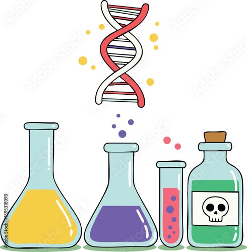 DNA strand with chemical flasks and toxic bottle vector illustration for science and laboratory concepts