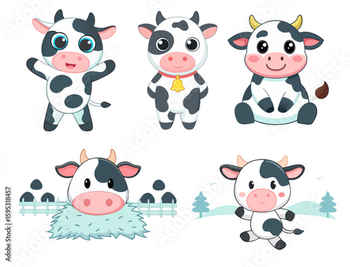 Cute Cow Icon Pack – Cartoon Poses in Flat Vector Style


