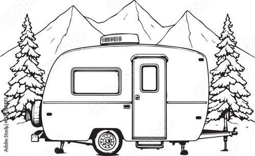 Camping Trailer Adventure: A stylized camping trailer sits ready for an outdoor adventure against a backdrop of towering mountains and verdant evergreen trees.