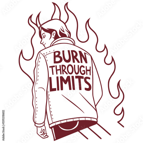 Flames rising vertically along the sleeve with bold grunge text in between “BURN THROUGH LIMITS” edgy streetwear style