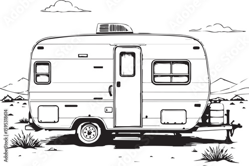 RV Camper Adventure: A detailed, hand-drawn illustration showcases a classic RV camper, ready for travel and adventure against a scenic backdrop.