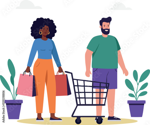 Diverse couple shopping with cart and bags in casual clothing enjoying retail experience vector illustration