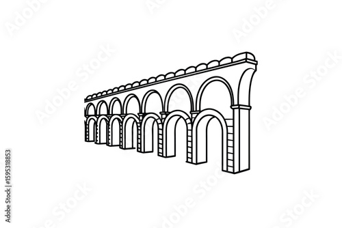 Line art illustration of a Roman aqueduct featuring arches and columns perfect for historical architectural or educational projects with a clean and minimalist design aesthetic