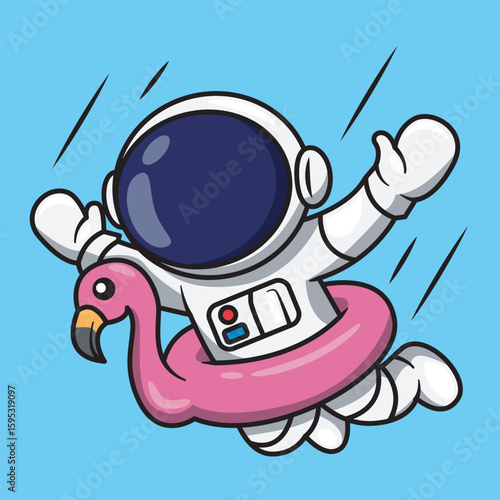 Cartoon Astronaut with Flamingo Floatie Illustration