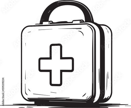 Essential First Aid Kit Illustration: A clear, minimalist sketch of a first aid kit. Illustrating preparedness and the ability to handle unexpected injuries or emergencies.