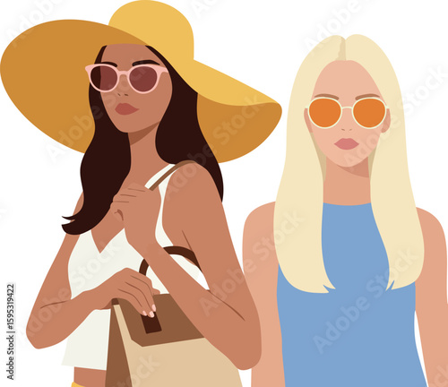 Two fashionable women wearing sunglasses and summer hats enjoying sunny day vector illustration