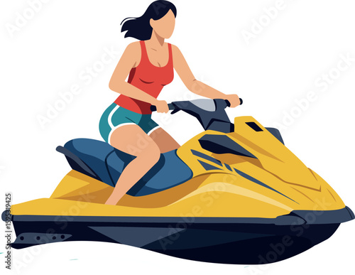 Woman riding yellow jet ski watercraft summer outdoor activity vector illustration