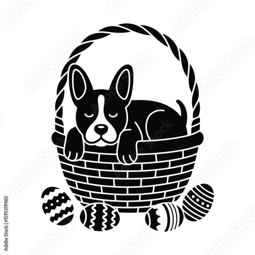 Silhouette of dog napping in Easter basket surrounded by eggs in black and white festive vector, isolated holiday illustration