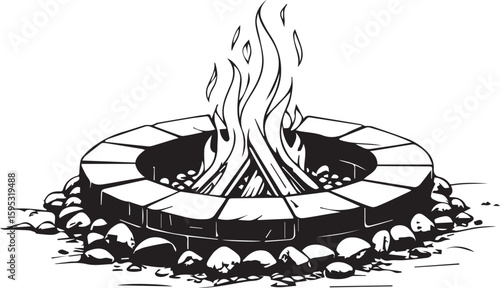 Cozy Campfire Circle: A black and white line drawing of a circular stone structure holds a crackling campfire, its flames reaching towards the sky, symbolizing warmth, gatherings, and outdoor moments.