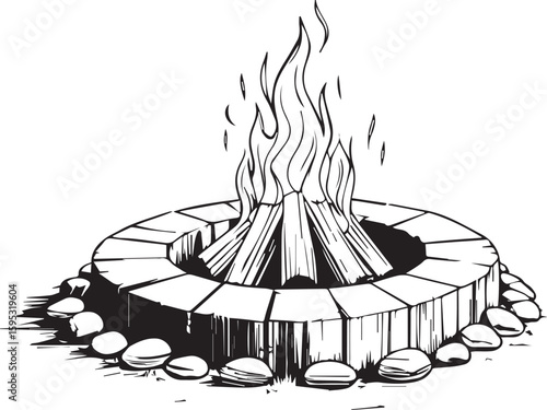 Campfire of warmth and light: A detailed black-and-white illustration showcases a central bonfire, a symbolic representation of warmth, community, and outdoor gatherings.