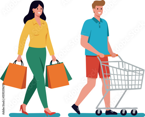 Couple shopping with bags and cart walking together in casual clothes vector illustration