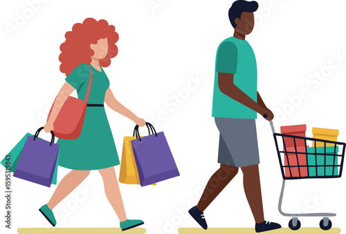 Man pushing shopping cart and woman carrying shopping bags walking in casual clothes vector illustration