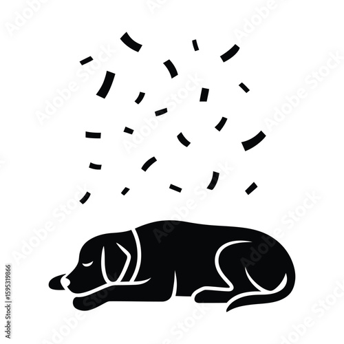Silhouette of dog sleeping during festive parade with falling confetti in black and white vector isolated on white background