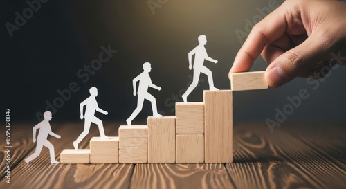 Hand adds final block to staircase of progress with paper figures
