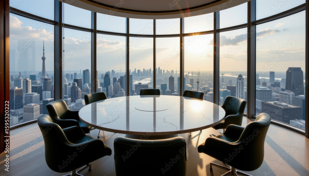 Fototapeta premium Modern office meeting space with circular table luxury interior design green furniture urban skyline view