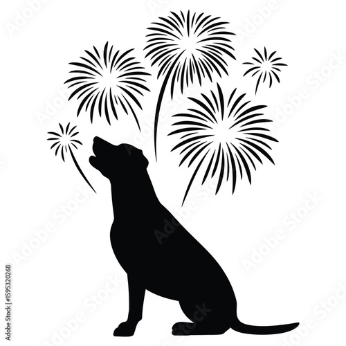Silhouette of dog watching fireworks in black and white vector illustration, isolated New Year’s celebration theme on white background