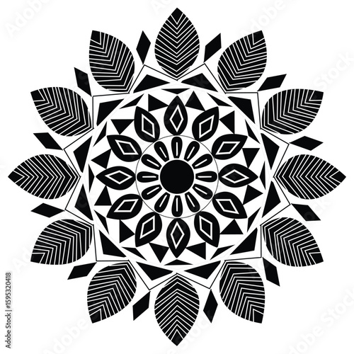 Intricate black and white mandala design with leaf motifs