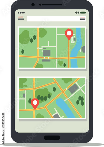 Mobile phone navigation app showing location markers on detailed city maps with green parks and blue rivers vector illustration