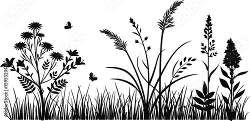 Botanical Silhouette Vector Collection – Grass, Wild Plants & Bushes for Landscape Design & Nature Scenes