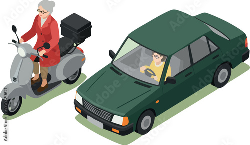 Elderly woman riding scooter alongside green car on road in isometric urban transport scene