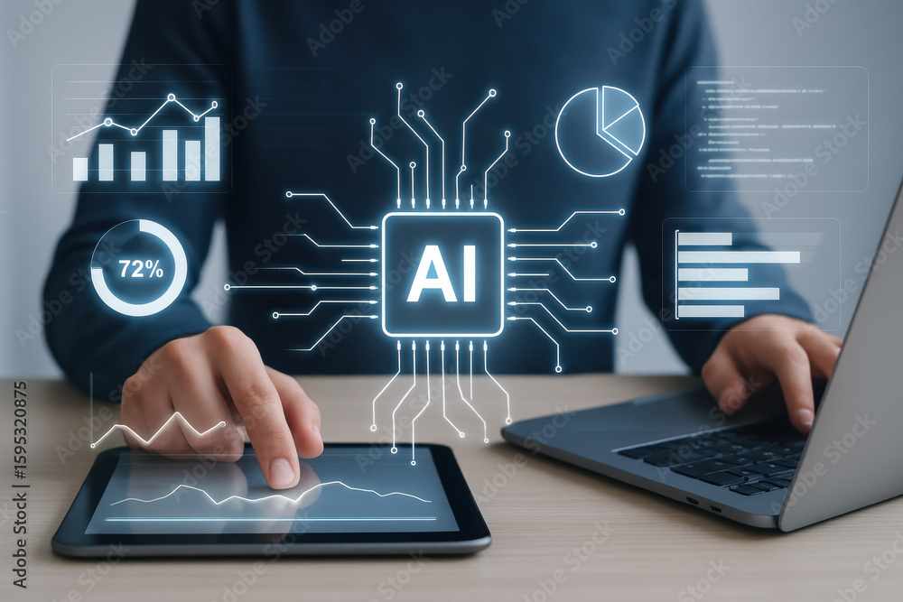 Fototapeta premium Digital illustration of artificial intelligence technology with data analysis and graphs