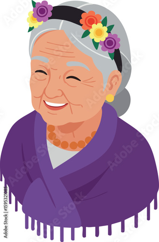 Elderly woman with floral headband and purple shawl smiling warmly in vector portrait illustration
