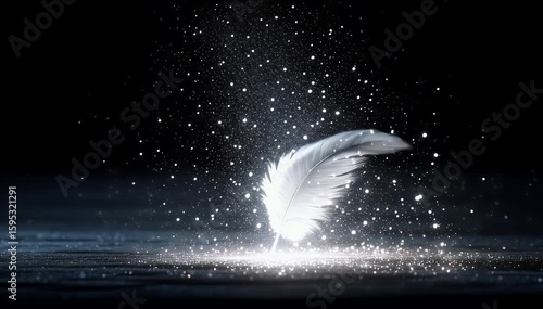 A single white feather surrounded by glittering particles against a dark background