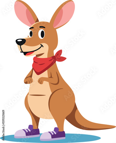 Kangaroo cartoon character wearing red scarf and purple sneakers standing happy vector design illustration
