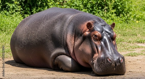 Captivating close-up of a resting hippopotamus showcasing its skin and docile expression in a