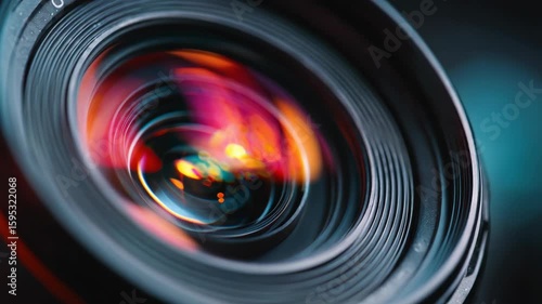 Diaphragm blades of the fixed lens opening aperture f-stop adjustment of a photo camera close-up shot.