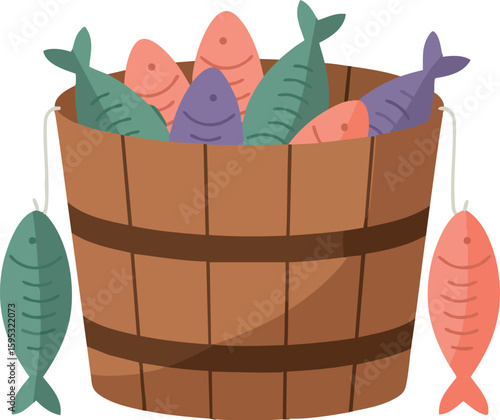 Wooden bucket filled with colorful fish in cartoon style vector graphic design for fishing and seafood themes