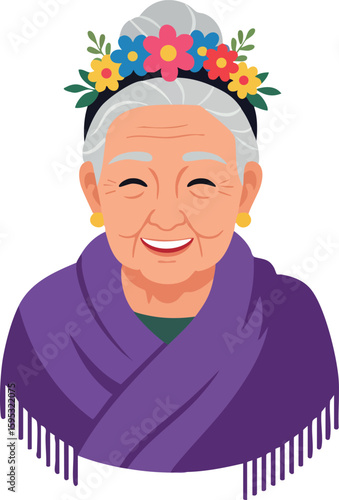 Elderly woman smiling with flower crown and purple shawl vector illustration of happy senior female character