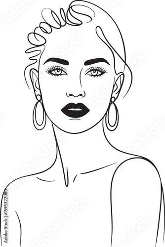 Elegant Woman Portrait Line Art with Earrings on Transparent Background for Modern Design Projects and Beauty Concepts