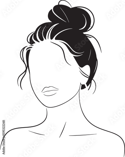 Elegant Woman with Hair Updo Line Art Portrait on Transparent Background Vector Illustration