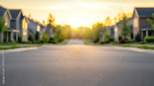 Blurred serene suburban neighborhood background, quiet street