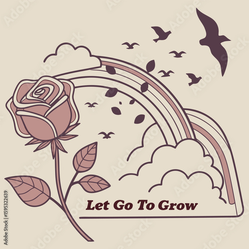 Rose shattering into birds in flight soft grunge art with script below “Let Go to Grow” poetic inspirational theme floral background with butterflies and flowers