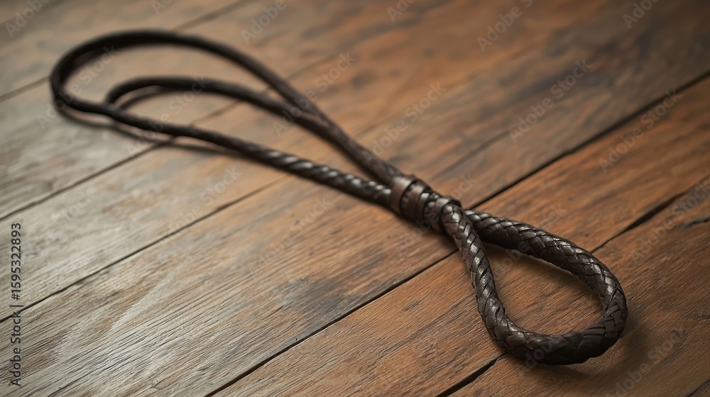 Obraz premium A brown braided leather whip with a knotted end, lying on a wooden surface with a rustic, weathered appearance.