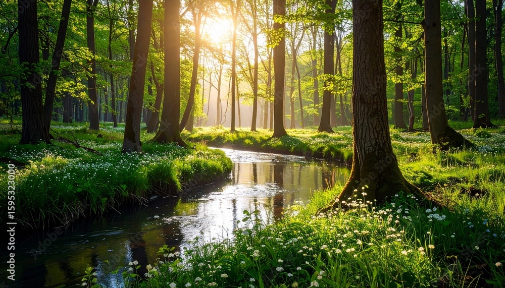 Obraz premium river with big trees and sunlight