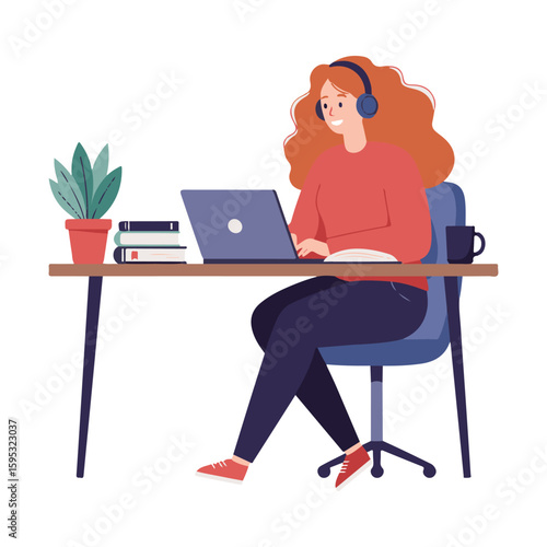 Girl using laptop for distance learning at home