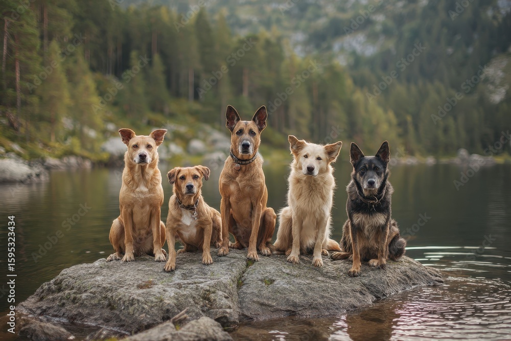 Naklejka premium Playful Group of Dogs Resting on a Rock Amidst Stunning Summer Landscape