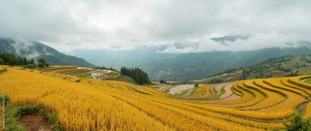 Fototapeta Golden Terraced Landscape and Mountains of Clouds