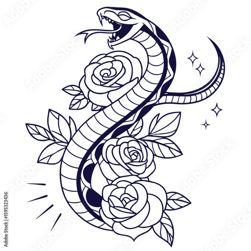 Snake coiling upward with roses intertwined vertical layout fine line tattoo style for sleeve print vector illustration of an abstract dragon