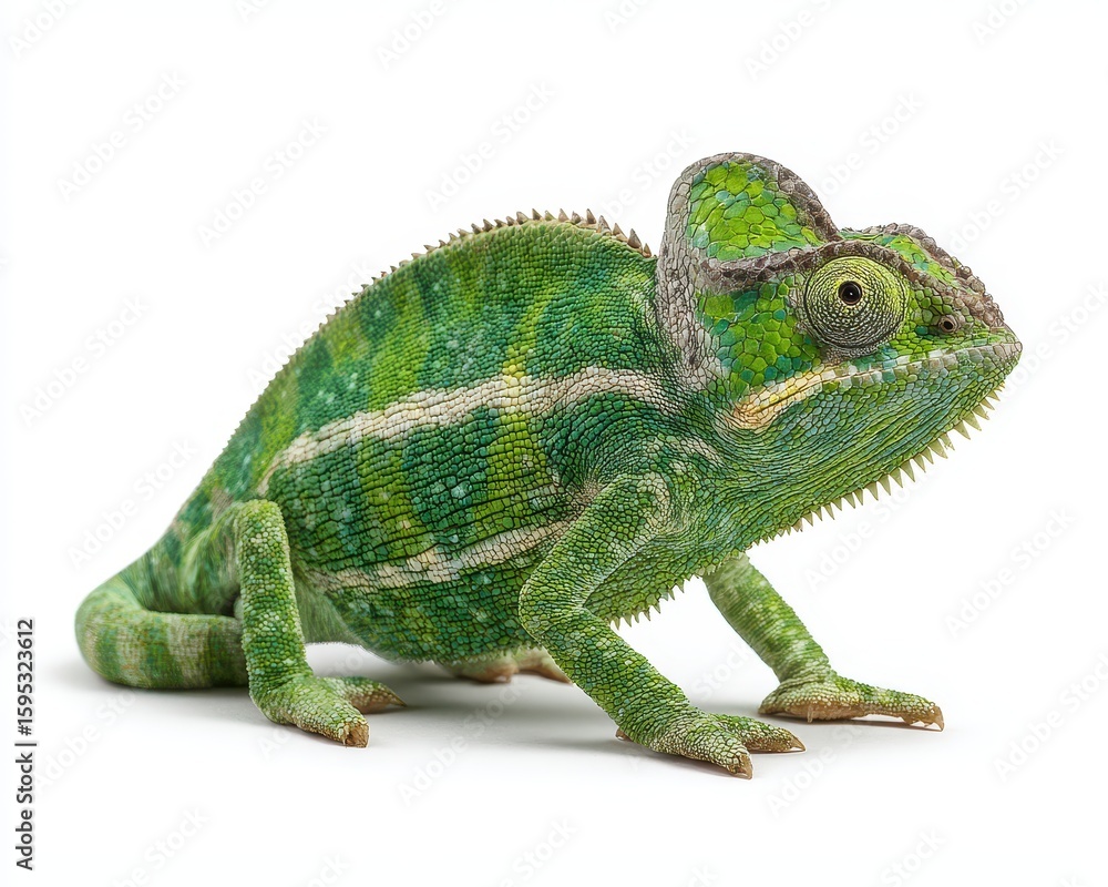 Obraz premium Vibrant Green Chameleon Portrait - Chamaeleo Calyptratus on White Background