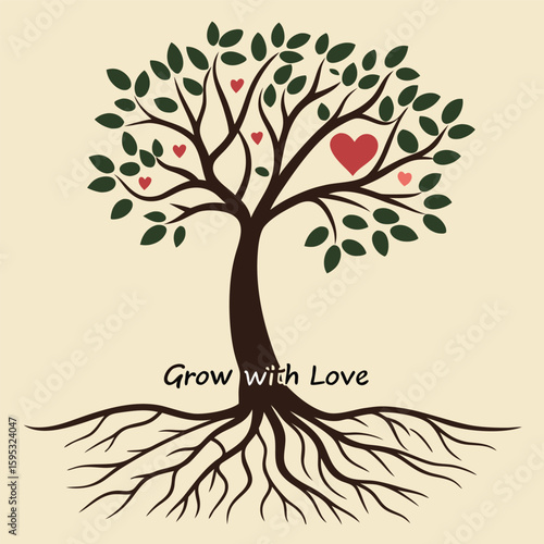 Tree growing from a heart symbol with roots spreading out centered layout handwritten script text below “Grow with Love” abstract tree with leaves